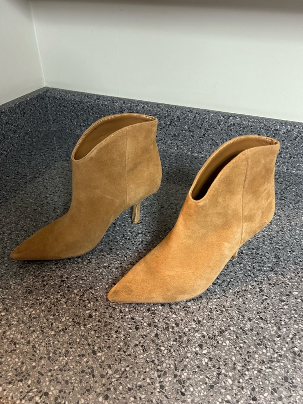 Marc Fisher Pointed Suede Ankle Booties in Camel